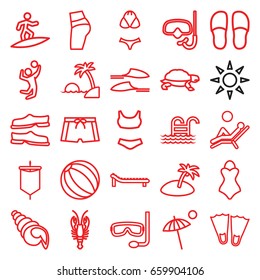 Beach icons set. set of 25 beach outline icons such as crab, turtle, slippers, sunbed, umbrella, pool ladder, man laying in the sun, island, man swim wear, swimsuit, aqualung