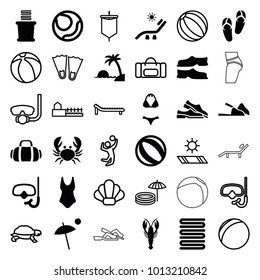 Beach icons. set of 36 editable filled and outline beach icons such as crab, flip flops, sunbed, towels, slippers, beach ball, volleyball, swim suit, sport bag, snorkel