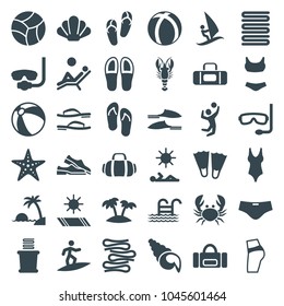 Beach icons. set of 36 editable filled beach icons such as beach ball, flip flops, towels, slippers, underwater mask, flippers, booty fitness, swim suit, sport bag, palm