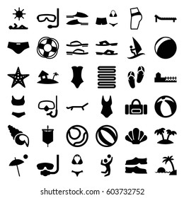 Beach icons set. set of 36 beach filled icons such as flip flops, towels, slippers, swimsuit, palm, avenue, home on island, volleyball player, snorkel, sunbed, umbrella