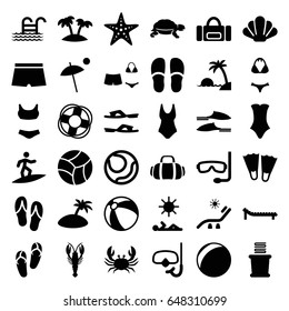 Beach icons set. set of 36 beach filled icons such as crab, turtle, beach ball, flip flops, sunbed, towels, slippers, swimsuit, palm, sport bag, snorkel, umbrella, starfish