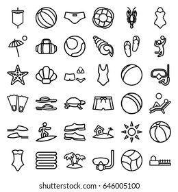 Beach icons set. set of 36 beach outline icons such as crab, turtle, ball, flip flops, towels, slippers, swimsuit, palm, avenue, home on island, sunbed, umbrella, starfish
