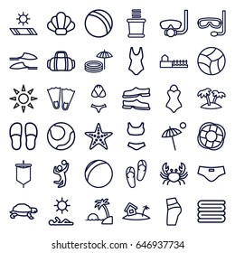 Beach icons set. set of 36 beach outline icons such as crab, turtle, ball, flip flops, towels, slippers, palm, avenue, home on island, sunbed, umbrella, starfish