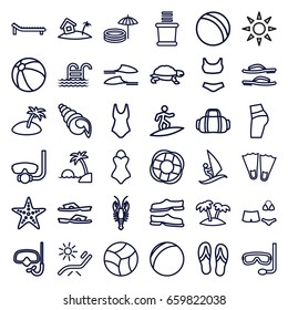 Beach icons set. set of 36 beach outline icons such as crab, turtle, ball, beach ball, sunbed, towels, slippers, swimsuit, palm, home on island, starfish, pool ladder, island