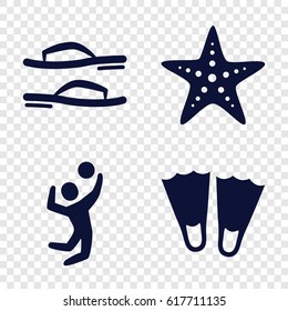 Beach icons set. set of 4 beach filled icons such as volleyball player, starfish, flip flops