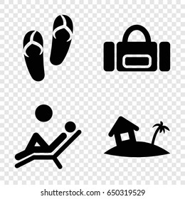 Beach icons set. set of 4 beach filled icons such as flip flops, home on island, man laying in the sun