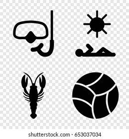 Beach icons set. set of 4 beach filled icons such as crab, snorkel, man laying in sun