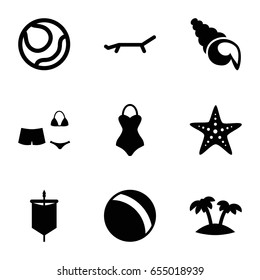 Beach icons set. set of 9 beach filled icons such as ball, swimsuit, palm, sunbed, starfish, shell, sail