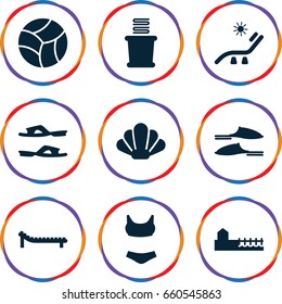 Beach icons set. set of 9 beach filled icons such as sunbed, towels, slippers, avenue, beach ball, shell