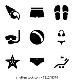 Beach icons set. set of 9 beach filled icons such as ball, sunbed, slippers, starfish, man swim wear, swimsuit, shell