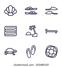 beach icons set. Set of 9 beach outline icons such as turtle, flip flops, towels, slippers, sunbed, island, lifebuoy