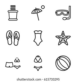 Beach icons set. set of 9 beach outline icons such as towels, swimsuit, umbrella, starfish, flip flops, aqualung