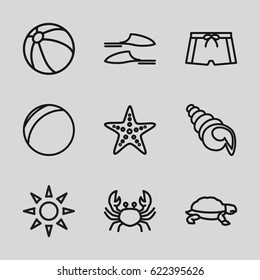 Beach icons set. set of 9 beach outline icons such as crab, turtle, beach ball, slippers, sunbed, starfish, man swim wear, shell