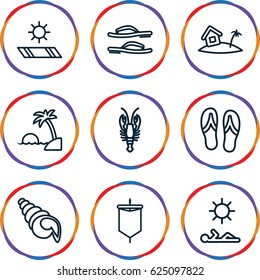 Beach icons set. set of 9 beach outline icons such as crab, home on island, man laying in sun, carpet in the sun, island, flip flops, shell