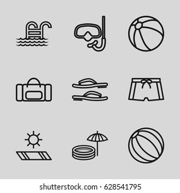 Beach icons set. set of 9 beach outline icons such as beach ball, pool ladder, carpet in the sun, inflatable pool and umbrella, flip flops, man swim wear, snorkel