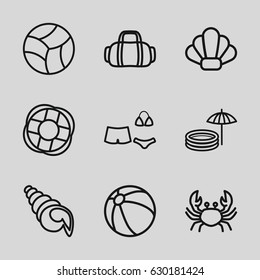 Beach icons set. set of 9 beach outline icons such as crab, beach ball, swimsuit, inflatable pool and umbrella, lifebuoy, shell