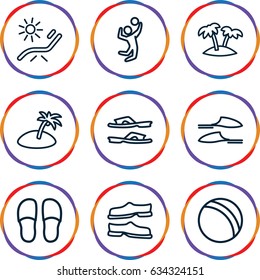 Beach icons set. set of 9 beach outline icons such as ball, sunbed, slippers, palm, island