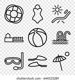 Beach icons set. set of 9 beach outline icons such as sunbed, slippers, avenue, umbrella, pool ladder, swimsuit, beach ball, aqualung