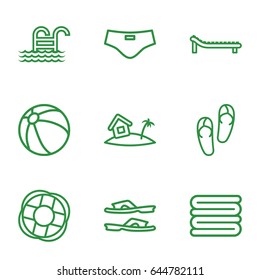 Beach icons set. set of 9 beach outline icons such as beach ball, flip flops, towels, slippers, home on island, sunbed, pool ladder, man swim wear