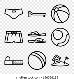 Beach icons set. set of 9 beach outline icons such as ball, beach ball, slippers, avenue, home on island, sunbed, man swim wear