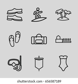 Beach icons set. set of 9 beach outline icons such as flip flops, slippers, swimsuit, palm, avenue, surfing, sail, snorkel