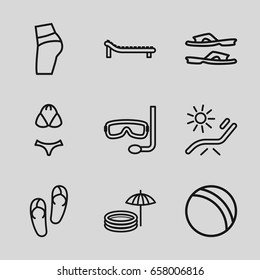 Beach icons set. set of 9 beach outline icons such as ball, flip flops, sunbed, slippers, inflatable pool and umbrella, swimsuit, aqualung