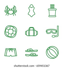 Beach icons set. set of 9 beach outline icons such as crab, towels, slippers, man swim wear, swimsuit, aqualung, lifebuoy, sport bag