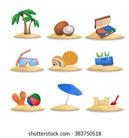 Beach icons set. Ball and slippers. Coconuts. Umbrella. Palm tree. Diving mask. Shells. Suitcase. Isolated on white background. Sandcastle.