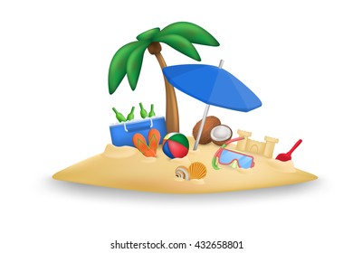 Beach icons set. Ball and beach slippers. Coconuts. Umbrella. Palm tree. Set of nine beach icons vector. Diving mask. Shells. Suitcase. Isolated on white background. Sandcastle.