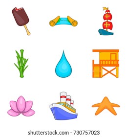 Beach icons set. Cartoon set of 9 beach vector icons for web isolated on white background
