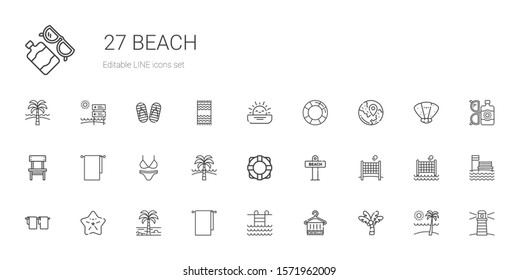 beach icons set. Collection of beach with palm tree, towel, swimming pool, starfish, volley, lifebuoy, bikini, towels, chair, travel, lifesaver. Editable and scalable beach icons.