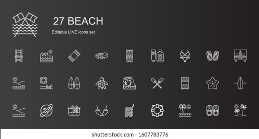 beach icons set. Collection of beach with palm tree, lifebuoy, towel, hammock, pool, travel, beach towel, paddles, tsunami, turtle, surfboard. Editable and scalable icons.