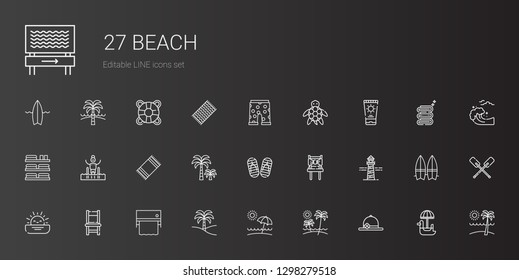 beach icons set. Collection of beach with pamela, palm tree, towel, chair, sunset, lighthouse, flip flop, beach towel, pool, towels, sun cream. Editable and scalable icons.
