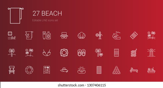 beach icons set. Collection of beach with pool, towel, sunset, pamela, lifesaver, chair, beach towel, palm tree, sandals, lifebuoy, hammock. Editable and scalable icons.