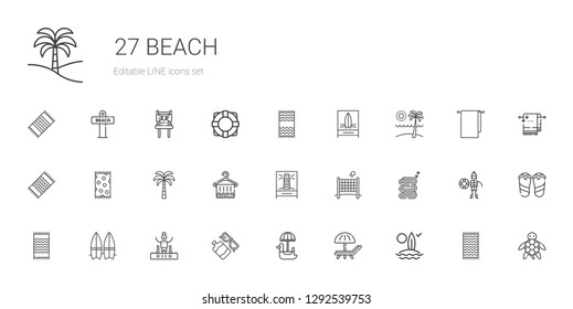 beach icons set. Collection of beach with surfboard, sunbed, pedal boat, sun lotion, pool, beach towel, towel, volley, lighthouse, palm tree. Editable and scalable icons.