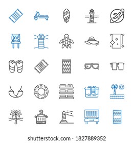 beach icons set. Collection of beach with beach towel, lighthouse, towel, pool, towels, float, hammock, sunglasses, flip flops, pamela, turtle. Editable and scalable icons.