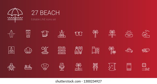 beach icons set. Collection of beach with towels, chair, palm tree, seashell, sandbox, turtle, flippers, surfboard, towel, swimming pool, beach towel. Editable and scalable icons.