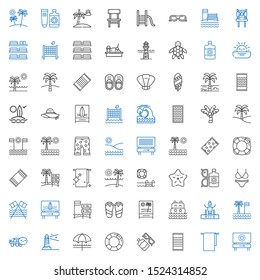 beach icons set. Collection of beach with towels, beach towel, sun lotion, lifesaver, sun umbrella, lighthouse, turtle, palm tree, pool, sea. Editable and scalable icons.