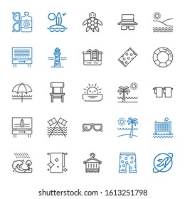 beach icons set. Collection of beach with travel, swim suit, towel, towels, tsunami, volley, sunglasses, surfboard, sunset, chair, sun umbrella. Editable and scalable beach icons.