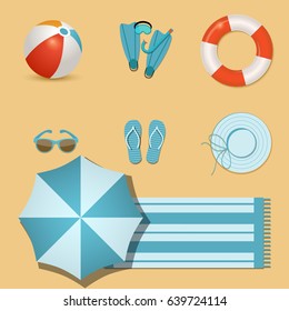 Beach icons set. Colored items for summer holidays. Vector illustration on yellow background.
