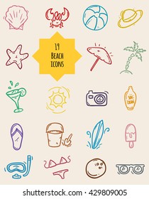 Beach icons set in doodle style.