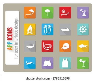 beach icons set in flat design with long shadow