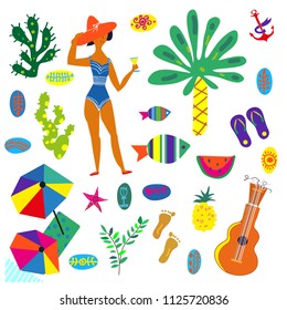 Beach icons set, funny bright design, vector graphic illustration