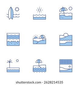 Beach icons set. Line Duotone style, editable stroke. surfboard, beach, sea, beach volleyball.