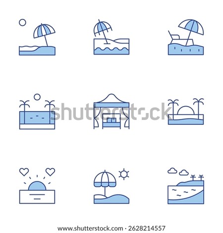 Beach icons set. Line Duotone style, editable stroke. beach, sunset, beach cabana.