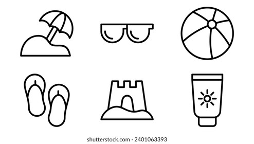 Beach Icons Set: Linear Style Symbols Collection, Line Signs Pack. Vector Graphics Featuring Designs of Umbrella, Sand Castle, Sunglasses, Flip-Flops, Beachball, and Sunscreen