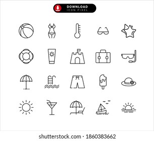 Beach icons set on white background, thin line. Editable stroke.