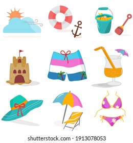 beach icons set with summer elements