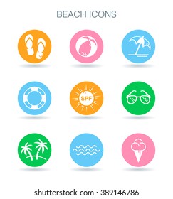 Beach icons set. Summer beach vacation symbols. Tropical surf holiday signs. Holiday icons collection on colourful flat circle shapes. Vector illustration.