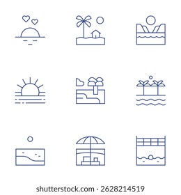 Beach icons set. Thin Line style, editable stroke. sunset, sunrise, beach, beach volleyball.